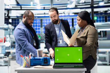 Diverse group of engineers working with copy space in a solar energy plant, shares ideas on...