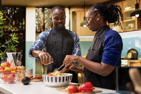 African american man seasoning the salad with mix of spices from a jar, pouring condiments for a...