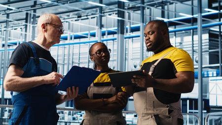 Industry 4.0 photovoltaics plant senior engineer reading paperwork talks with workers to maximize power generation. Solar panels smart factory experienced leader giving tasks to technicians, camera Aの写真素材