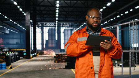 Plant staff member uses heavy tools near welding sparks on factory floor, wearing protective uniform. Manufacturing development and powerful industrial environment in workshop.の写真素材