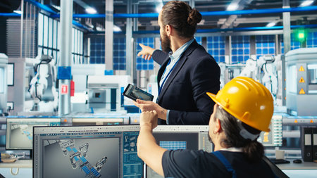 Manager instructs solar panels plant employee on how to use CAD software to optimize layouts....