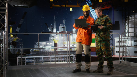 Professional military operative communicates via radio on offshore platform, coordinating with...