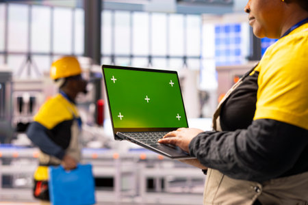Female engineer holds laptop with mockup template, overseeing robotic arm automation in smart...