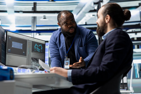 Professional master engineers team inspecting control panels and analyzes data and sharing insight...
