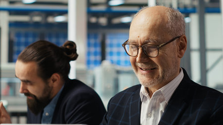 Factory corporate sustainability department team compiling reports on solar panel plant emissions and energy efficiency metrics for regulatory compliance using laptop, camera Bの写真素材