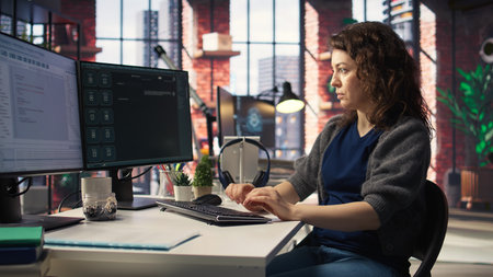 Worker uses AI chatbot system to guide through problem solving tasks, futuristic technology highlights smart algorithms and machine learning. Communication and IT support. Camera A.の写真素材