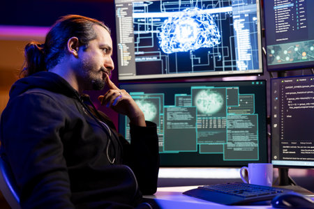 Pensive person coding on PC, brainstorming ways to evade security with stealth malware. Person...
