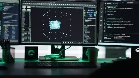 Monitors in data center displaying node tree interfaces monitoring infrastructure health. Visual...