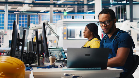 Black engineer inputs solar system parameters at industrial workstation, using PC in a renewable energy facility. Technician supports sustainable production through software management. Camera B.の写真素材