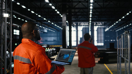 Engineer inspects turbine in industry plant and operating software on laptop to monitor heavy...