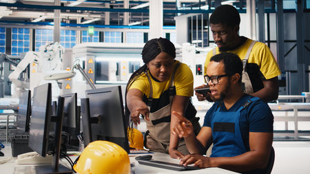Photovoltaics facility employees evaluating performance of robot arms placing solar panels on...