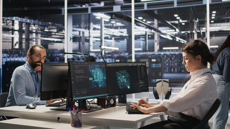 Data center engineer stretching, monitoring server clusters performing AI training. Server farm IT...