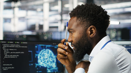 Data center programmer uses neural networks node tree program to identify equipment issues. Server...