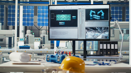 Display in empty photovoltaics factory monitoring system performance. Monitor in sustainable solar...
