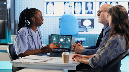 Nurse and patients reviewing diagnostic results in medical cabinet, using advanced healthcare...