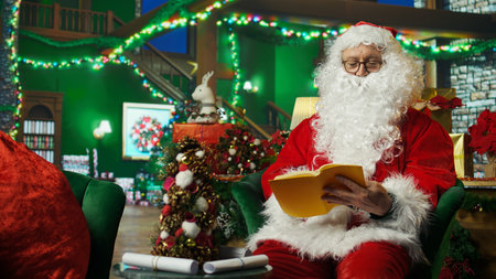 Santa Claus reading book in workshop after finishing list of kids who has been naughty or nice....