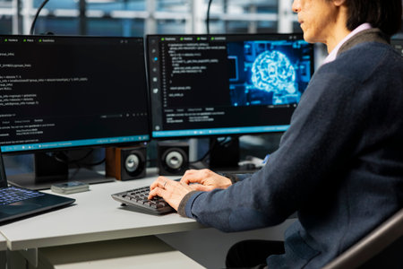 Engineer in data center optimizing hardware for artificial intelligence tasks, increasing workloads....