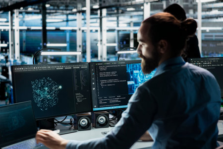 Data center programmer adjusting AI model parameters to upgrade systems. Server room IT professional...