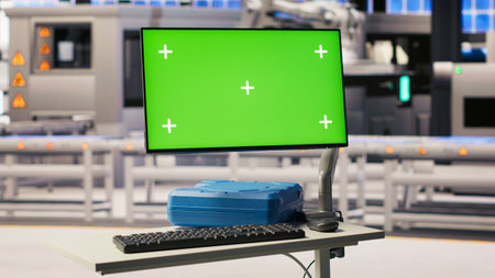 Green screen monitor in industry 4.0 smart industrial plant equipped with advanced sensors used to check production equipment performance. Robotics software on chroma key screen in smart factoryの写真素材