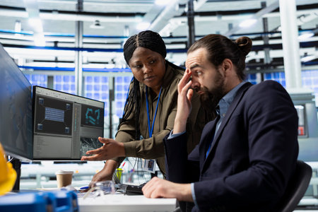 Industrial experts business partners work as a team to refine manufacturing process, ensuring...