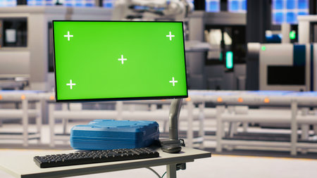 Chroma key mockup display in industry 4.0 solar panels plant troubleshooting equipment malfunctions. Green screen in smart photovoltaics factory alerting in case of maintenance need, zoom in shotの写真素材