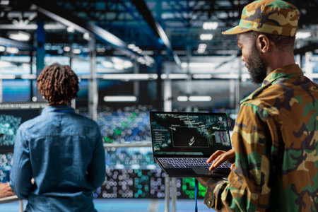 African american army soldier in command center server room using AI tools on laptop, detecting...