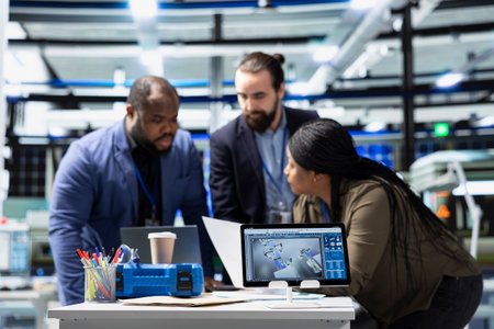 Diverse engineering consultants group review operational workflows in a solar power manufacturing...
