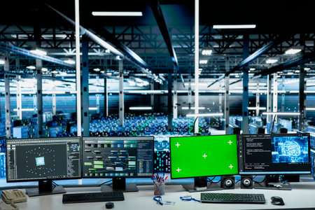 Deep learning software running on green screen mockup PCs in data center with operational server...