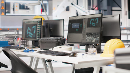 Monitors in photovoltaics factory used to manage performance of robot arms placing solar panels on assembly lines. PC screen in empty facility used for upgrading solar cell machinery.の写真素材