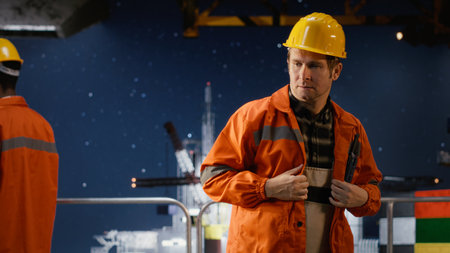 Offshore oil platform engineer pacing the floor being agitated and anxious, struggling to oversee efficient natural gas and petroleum extraction from marine ecosystems. Impatient worker.の写真素材