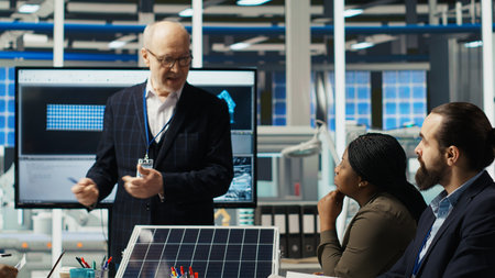 Photovoltaics plant researchers meeting to optimize energy production, analyzing solar cell...