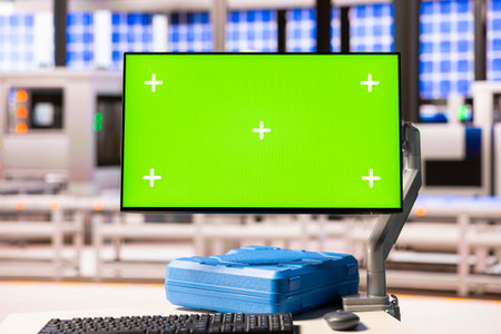 Selective focus on computer screen with chromakey display in a modern manufacturing plant, prepared for professional engineers. Vacant research desk is arranged with pc monitor showing greenscreen.の写真素材