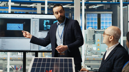 Research and development team analyzes solar cell prototypes to optimize energy conversion rates....