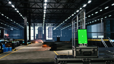 Vertical green screen in a heavy industry factory features metallic pipes, steel frameworks and...