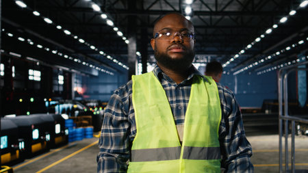 Industrial worker stands near steel machinery during construction tasks, showcasing production...