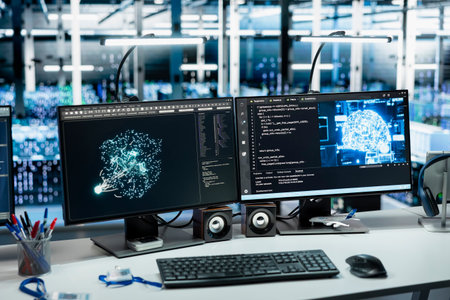 Close up of data center PCs monitoring AI LLM model rackmounts performance used in automation workloads. Workstation monitors overseeing artificial intelligence server rigs equipmentの写真素材