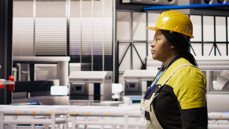 Technician walking in smart factory, inspecting systems, ensuring machinery operates at optimal...