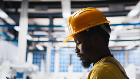 Black technician in solar panel facility reviews photovoltaic system performance on laptop. Specialist analyzing production line metrics to optimize efficiency in industrial plant. Camera A.の写真素材