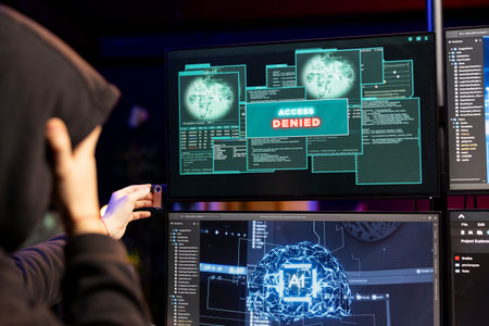 Hacker trying to steal confidential files getting access denied message on PC screen. Cybercriminal failing to exploit system flaws with AI software, getting rejected by cybersecurityの写真素材