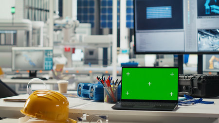 Chroma key mockup laptop in empty photovoltaics facility used to diagnose malfunctioning systems....