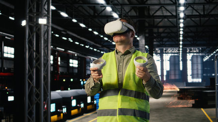 Industrial worker with VR glasses interacting with virtual reality simulation used for engineering...