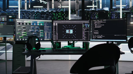 Monitors in data center displaying node tree interfaces monitoring infrastructure health. Visual...