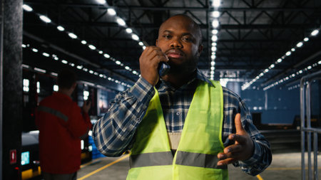 Engineer talks into walkie talkie and supervising fabrication tools in a workshop, demonstrating strong labor involvement and development for activity within industry plant.の写真素材