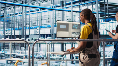 Portrait of happy engineer in photovoltaics smart factory analyzing data, reviewing system metrics....