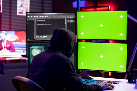 Hacker does phishing attacks using isolated screen multi monitor setup, tricking users into...