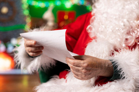 Close up of entertainer dressed as Santa Claus reading wish lists sent by kids wanting gifts. Man playing Father Christmas character in festive adorn room answering letters received from childrenの写真素材
