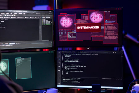 Close up of system hacked message on PC in empty underground lair used by hacker to steal data....