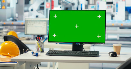Mockup PC monitor in photovoltaics factory used for analyzing data and reviewing system metrics. Isolated screen computer in solar panels plant troubleshooting technical issuesの写真素材