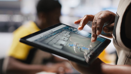 Black photovoltaics factory technician monitoring system performance on tablet. Solar panels manufacturing plant supervisor pleased by high production, inspecting efficiency. Camera A.の写真素材