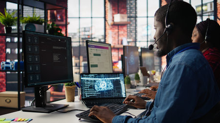 Call center employee using artificial intelligence chatbot to provide multilingual support to customers. Customer support operator leveraging AI tools to translate clients interactions, camera Bの写真素材